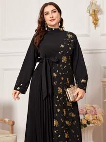 Al Najma Übergröße Zufälliger Goldbedruckter Blumengürtel & Stehkragen & Fransen Saum Splice Kleid