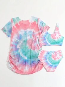 SHEIN Tween Girl Edition 印花抽绳褶皱比基尼套装 夏日海滩 - 彩色 - 查看 2