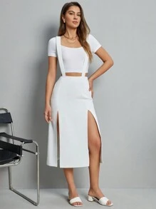 SHEIN Essnce Women's Solid Color Suspender High Side Split Midi Skirt - White - View 6