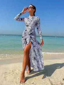 SHEIN Swim 女士一片式無鋼圈游泳衣＆植物和葉子印花比基尼＆海灘長裙套裝 - 黑與白 - 查看 3