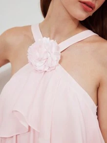 MOTF PREMIUM STEREO FLOWER DETAIL LAYERED RUFFLE HEM HALTER DRESS,HOLIDAY PARTY BIRTHDAY FORMAL EVENING OCCASSION