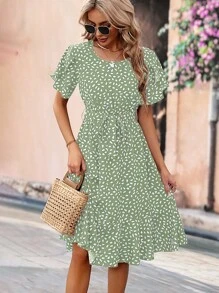 Breezaya Floral Print Petal Sleeve Midi Dress - Green - View 1