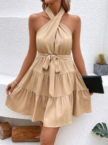 SHEIN LUNE Của phụ nữ Màu thuần Dây chéo Cái cổ Ruffled Hem Đầm - Màu be - Xem 5