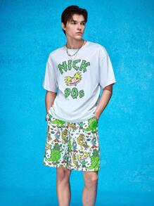 Nick 90s | SHEIN 休闲宽松针织卡通人物印花短袖T恤短裤男士两件套 - 淺灰色 - 查看 6