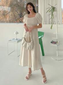 DAZY Women's Square Neckline Short Puff Sleeve Shirred Dress Sundress Linen - Apricot - View 6