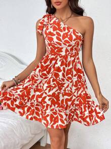 Breezaya Women's One Shoulder Sleeveless Dress With Plant Print