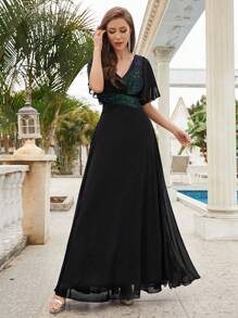 V-Neck Sequin Patchwork Chiffon Mother Of The Bride Dress - Multicolor - View 3