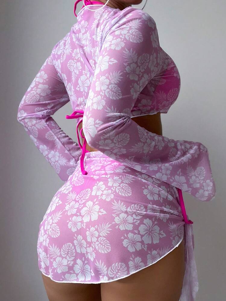 Solid Color Knot Side Bikini Set And Floral Mesh Cover Up Set For Summer Beach Vacation