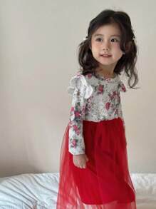 SHEIN 少女花卉印花撞色网眼荷叶边连衣裙 - 酒紅色 - 查看 5