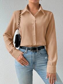 SHEIN Privé 女士純色襯衫連身衣 - 卡其色 - 查看 6