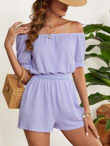 SHEIN VCAY Của phụ nữ Màu thuần Off Shoulder Ngắn tay Eo Buộc Romper - Màu xanh lam - Xem 4