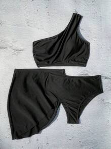 SHEIN Swim 素色單肩比基尼泳裝附沙灘裙