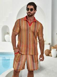 Manfinity RSRT Men'S Colorful Striped Shirt With Lapel Collar And Shorts Set - Multicolor - View 4