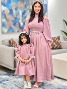 Modelyn Women's Long Sleeve Arabian Modest Dress, Elegant Evening Party Dress - Pink - View 1