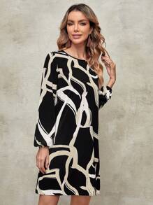 RueChic Elegant DressesCrew Neck Long Sleeve Leopard Print Drawstring Waist Short Casual Dress, Vacation - Multicolor - View 5