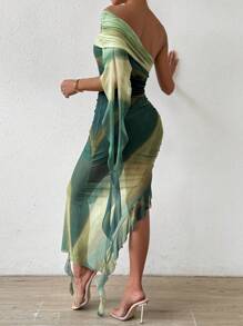 Rafferiza Ombre Print One Shoulder Ruched Ruffle Trim Dress Maxi Women Outfit - Green - View 2