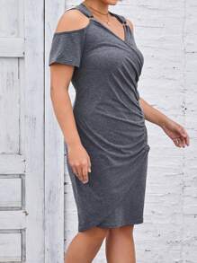 SHEIN LUNE Plus Size Solid Color Button Decorated Wrap Dress - Dark Grey - View 6