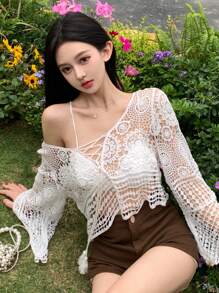 DAZY 女式镂空针织短款喇叭袖毛衣，秋季女装 - 白色 - 查看 1