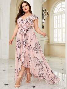 Plus Floral Print Ruffle Trim Belted Bridesmaid Dress - Pink - View 5