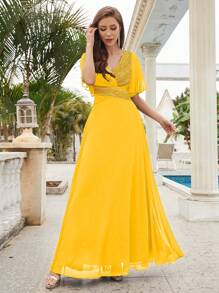 V-Neck Sequin Patchwork Chiffon Bridesmaid/Mother Of The Bride Dress