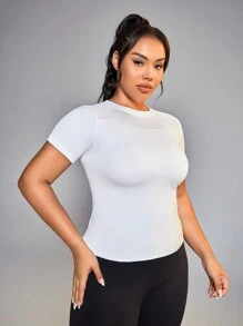 SHEIN Sports Plus Size Solid Color Breathable Comfortable Short Sleeve Sports T-Shirt - White - View 5
