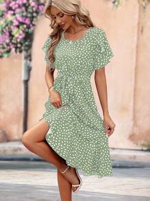 Breezaya Floral Print Petal Sleeve Midi Dress - Green - View 5