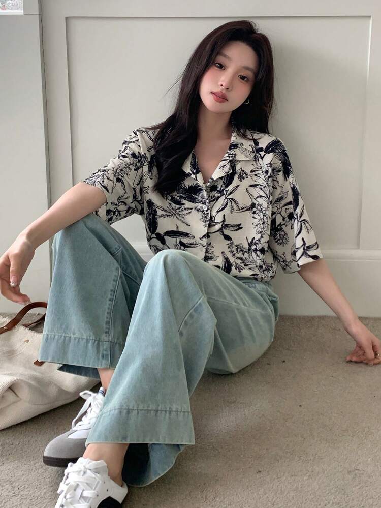 Floral Print Button-Down Short Sleeve Shirt Fall Vacation Outfits Women Boho
