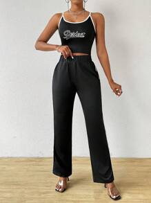Zolique Letter Print Contrast Trim Cami Top And Straight Leg Pants - Black - View 6
