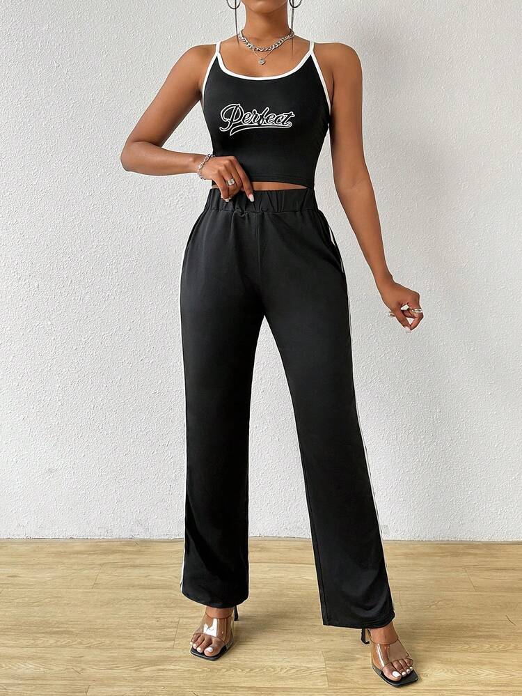 Letter Print Contrast Trim Cami Top And Straight Leg Pants