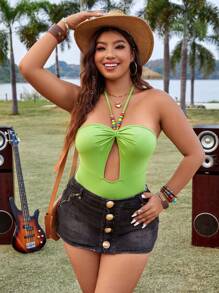 Flirla Plus Hollow Out Front Halter Neck Bodysuit - Green - View 5