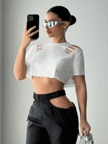 SHEIN ICON Solid Color Hollow Out Crop Short Sleeve T-Shirt - White - View 3