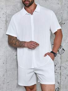 Manfinity Homme 男士大尺寸純色襯衫和短褲套裝 - 杏色 - 查看 3