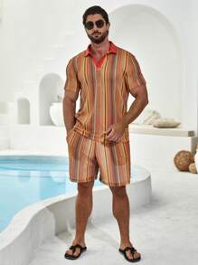 Manfinity RSRT Men'S Colorful Striped Shirt With Lapel Collar And Shorts Set - Multicolor - View 3