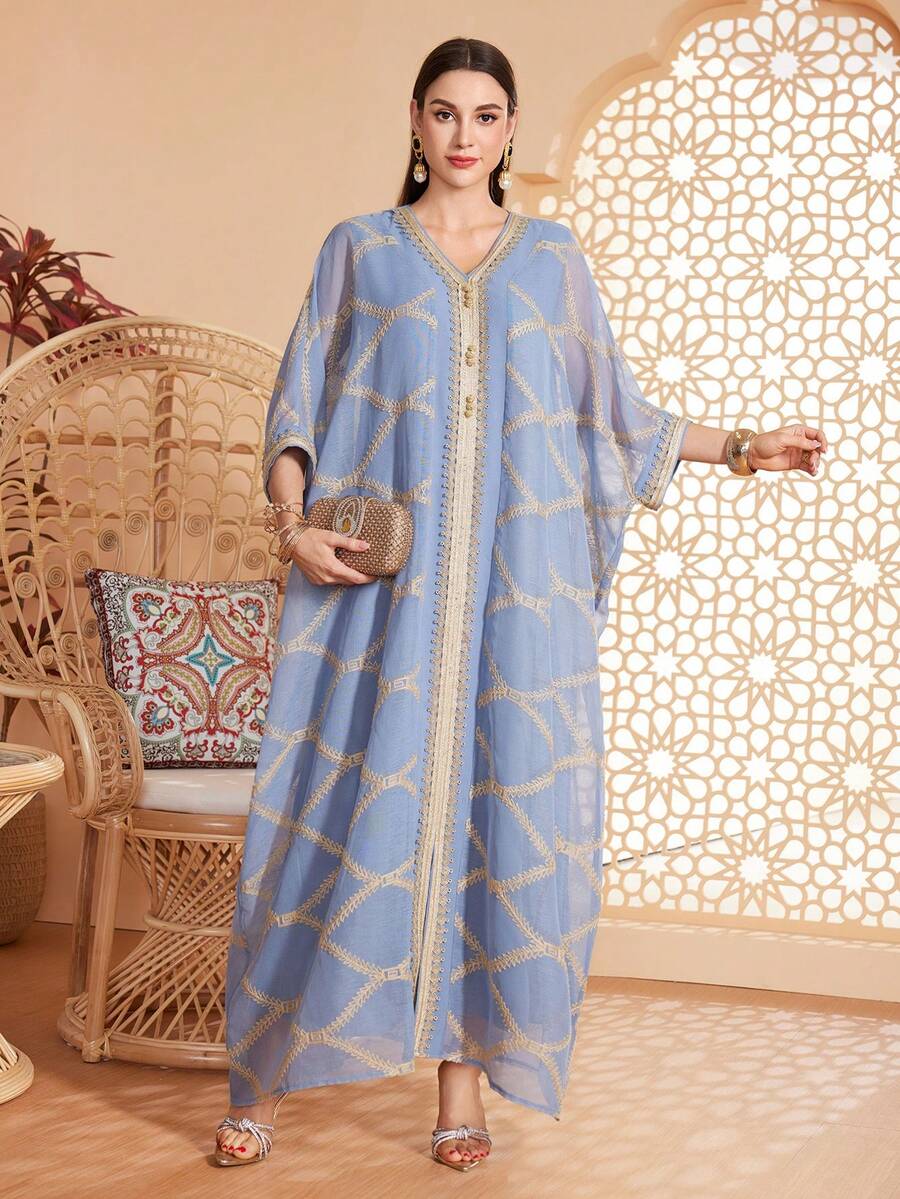 Patchwork Webbing V-Neck Batwing Sleeve Loose Casual Jalabiya - Dusty Blue - View 1