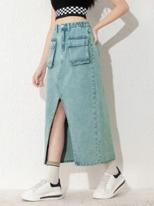 少女新款休閒時尚水洗牛仔工具裙 - 中等水洗藍 - 查看 4