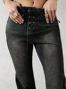 Forever 21 Washed Tassel Cross Tie Flare Jeans
