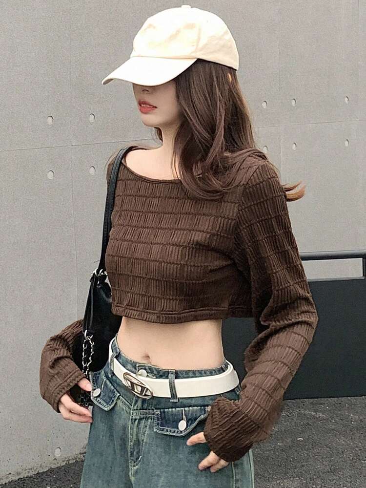 Solid Color Round Neck Cropped Long Sleeve T-Shirt