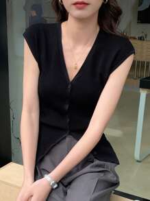 DAZY 1 件女士商务休闲纯色修身无袖 V 领针织上衣夏季 - 黑色 - 查看 8