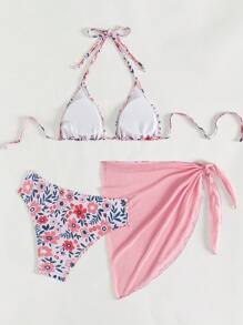 Swim Mod Summer Beach Women's Floral Printed Halter Neck Tie Bikini Set
