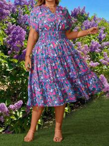 Plus Size Women's Full Floral Print Wrapped Waist Midi Dress Maxi Women Outfit - Multicolor - View 4
