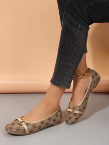 女士方头松紧带搭扣装饰平底乐福鞋，四季皆宜 - 棕色 - 查看 4