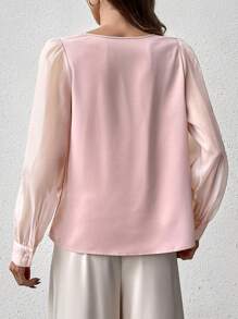 SHEIN Privé Giải trí Áo cổ bò Chèn Lace mỏng Áo sơ mi - Hồng - Xem 2
