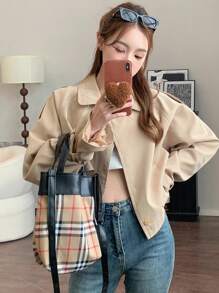 DAZY Women's Shoulder Buckle Short Trench Coat Jacket - Khaki - View 6