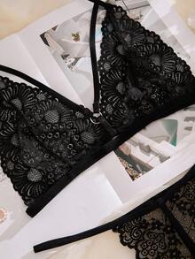 花卉蕾絲背帶內衣套裝 - 黑色 - 查看 4