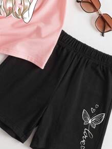 2 件套 Tween 女童休闲简约字母图案短袖 T 恤和短裤套装，棉混纺，夏季 - 粉色 - 查看 4