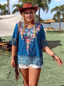 EMERY ROSE Plus Size Floral Print Lace Spliced Shirt - Green - View 5
