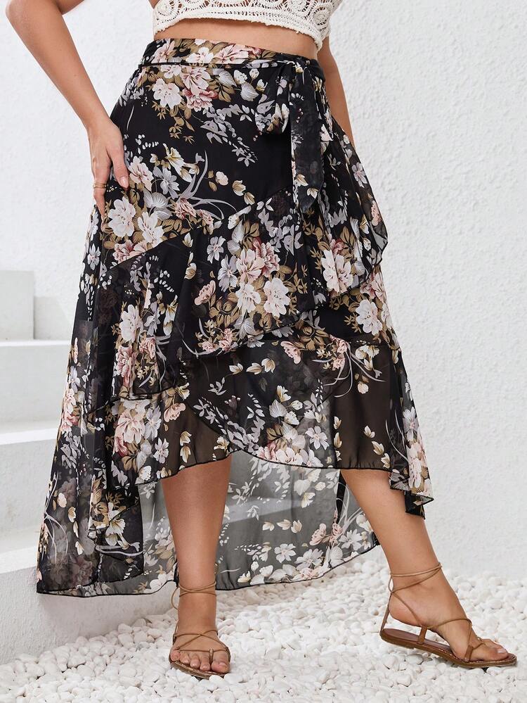 Plus Size Women's Romantic Black Chiffon Floral Printed Layered Beach Skirt With Ruffle Hem For Summer Vacation