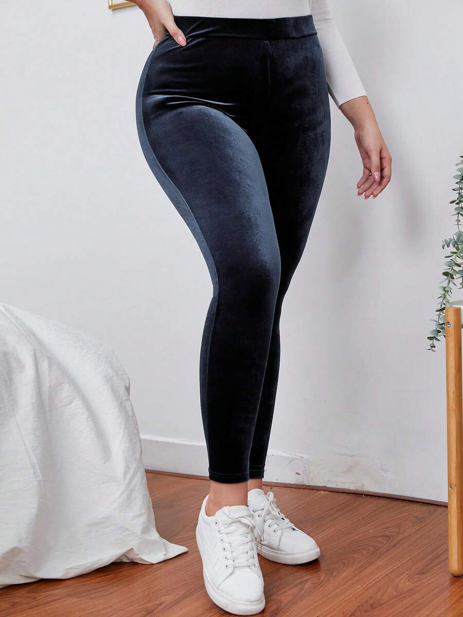 SHEIN LUNE Kích thước lớn Màu thuần Nhung Xà cạp - Xám - Xem 1