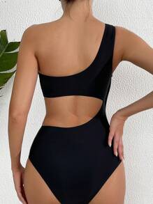 SHEIN Swim 女士單肩無袖腰部切割連體泳衣 - 黑色 - 查看 2