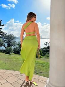 SHEIN SXY 2 件套夏日度假装：宽摆开衩下摆裙 - 綠色 - 查看 6